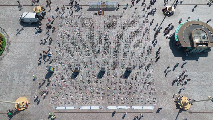 Thousands of shoes displayed on The Hague Beach in memory of children killed in Gaza THE HAGUE, NETHERLANDS - AUGUST 1: Thousands of shoes were placed on Scheveningen Beach in The Hague during a public memorial to symbolize children killed in Gaza. The installation, held near the Kurhaus, formed part of a peaceful demonstration calling attention to the humanitarian impact of the war, with participants gathering throughout the day to pay tribute and express solidarity. Mouneb Taim Anadolu The Hague Netherlands. Editorial use only. Please get in touch for any other usage.  Copyright: x2026xAnadoluxMounebxTaimx