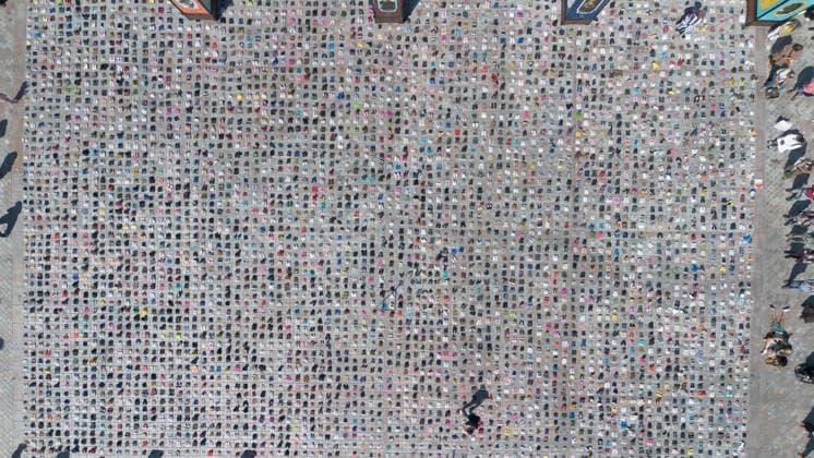 Thousands of shoes displayed on The Hague Beach in memory of children killed in Gaza THE HAGUE, NETHERLANDS - AUGUST 1: Thousands of shoes were placed on Scheveningen Beach in The Hague during a public memorial to symbolize children killed in Gaza. The installation, held near the Kurhaus, formed part of a peaceful demonstration calling attention to the humanitarian impact of the war, with participants gathering throughout the day to pay tribute and express solidarity. Mouneb Taim Anadolu The Hague Netherlands. Editorial use only. Please get in touch for any other usage.  Copyright: x2026xAnadoluxMounebxTaimx