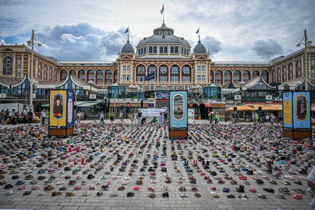 Thousands of shoes displayed on The Hague Beach in memory of children killed in Gaza THE HAGUE, NETHERLANDS - AUGUST 1: Thousands of shoes are placed on Scheveningen Beach during a public memorial to symbolize children killed in Gaza, in The Hagues, Netherlands on August 01, 2026. The installation, held near the Kurhaus, formed part of a peaceful demonstration calling attention to the humanitarian impact of the war, with participants gathering throughout the day to pay tribute and express solidarity. Mouneb Taim Anadolu The Hague Netherlands. Editorial use only. Please get in touch for any other usage.  Copyright: x2026xAnadoluxMounebxTaimx