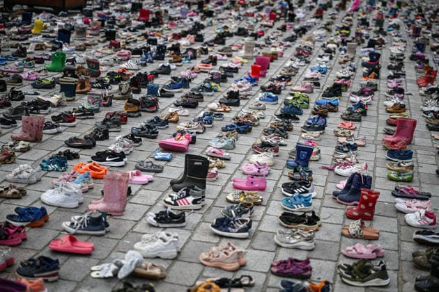 Thousands of shoes displayed on The Hague Beach in memory of children killed in Gaza THE HAGUE, NETHERLANDS - AUGUST 1: Thousands of shoes are placed on Scheveningen Beach during a public memorial to symbolize children killed in Gaza, in The Hagues, Netherlands on August 01, 2026. The installation, held near the Kurhaus, formed part of a peaceful demonstration calling attention to the humanitarian impact of the war, with participants gathering throughout the day to pay tribute and express solidarity. Mouneb Taim Anadolu The Hague Netherlands. Editorial use only. Please get in touch for any other usage.  Copyright: x2026xAnadoluxMounebxTaimx