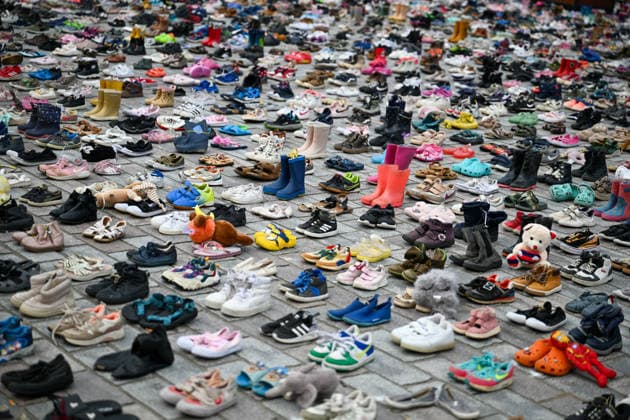 Thousands of shoes displayed on The Hague Beach in memory of children killed in Gaza THE HAGUE, NETHERLANDS - AUGUST 1: Thousands of shoes are placed on Scheveningen Beach during a public memorial to symbolize children killed in Gaza, in The Hagues, Netherlands on August 01, 2026. The installation, held near the Kurhaus, formed part of a peaceful demonstration calling attention to the humanitarian impact of the war, with participants gathering throughout the day to pay tribute and express solidarity. Mouneb Taim Anadolu The Hague Netherlands. Editorial use only. Please get in touch for any other usage.  Copyright: x2026xAnadoluxMounebxTaimx