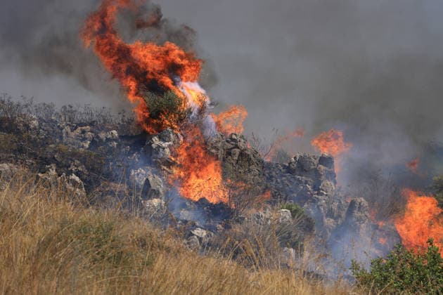 IPA87163948 - In the photo, a massive fire has engulfed the Mirto area; forest rangers, firefighters, civil defense personnel, and two helicopters are on the scene.  Copyright: xAlbertoxLoxBiancox xAlbertoxLoxBiancox 87163948