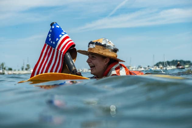 Great Salem Maritime Cardboard Boat Regatta MASSACHUSETTS, UNITED STATES - AUGUST 1: Competitors paddle as fast as they can from the start line during the Great Salem Maritime Cardboard Boat Regatta in Salem, Massachusetts, United States on August 1, 2026. Joseph Prezioso Anadolu Massachusetts United States. Editorial use only. Please get in touch for any other usage.  Copyright: x2026xAnadoluxJosephxPreziosox