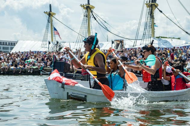 Great Salem Maritime Cardboard Boat Regatta MASSACHUSETTS, UNITED STATES - AUGUST 1: Competitors paddle as fast as they can from the start line during the Great Salem Maritime Cardboard Boat Regatta in Salem, Massachusetts, United States on August 1, 2026. Joseph Prezioso Anadolu Massachusetts United States. Editorial use only. Please get in touch for any other usage.  Copyright: x2026xAnadoluxJosephxPreziosox
