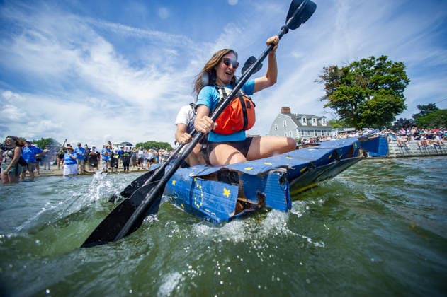 Great Salem Maritime Cardboard Boat Regatta MASSACHUSETTS, UNITED STATES - AUGUST 1: Competitors paddle as fast as they can from the start line during the Great Salem Maritime Cardboard Boat Regatta in Salem, Massachusetts, United States on August 1, 2026. Joseph Prezioso Anadolu Massachusetts United States. Editorial use only. Please get in touch for any other usage.  Copyright: x2026xAnadoluxJosephxPreziosox