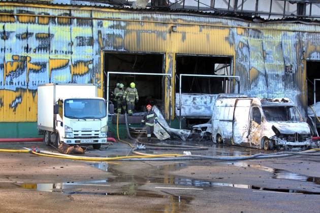 Russia strikes industrial facility in Kyiv region State Emergency Service rescue workers respond to a fire at a civilian industrial and logistics facility in Vyshneve, Bucha district, Kyiv region, Ukraine, on August 1, 2026. The facility was damaged by an overnight attack. Vyshneve Kyiv region Ukraine  Copyright: xVolodymyrxTarasovx originalFilename: ukrinform-russiast260801_npneI.jpg