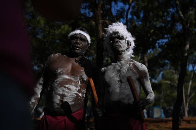 GARMA FESTIVAL, Russell Gurruwiwi (left) and Ian Gurruwiwi of the Galpu Clan poses for a photo during the 26th annual Garma Festival in Gulkula, Northern Territory, Saturday, August 1, 2026. The Garma Festival takes place on the remote northeast Arnhem Land, celebrating Yolngu culture and customs in a four-day event hosted by the Yothu Yindi Foundation. ( NO ARCHIVING - VISUALS FROM THE YYF GARMA 26TH ANNIVERSARY ARE STRICTLY FOR NEWS AND CURRENT AFFAIRS COVERAGE ONLY. VISUALS MUST NOT BE USED FOR PROMOTIONAL, ADVERTISING, COMMERCIAL, FUNDRAISING OR ANY OTHER PURPOSE Gulkula Ceremonial Site Northern Territory Australia  Copyright: xJamesxRossx 20260802114103083548