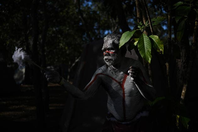 GARMA FESTIVAL, Fabian Litalita Gurruwiwi of the Galpu Clan poses for a photo during the 26th annual Garma Festival in Gulkula, Northern Territory, Saturday, August 1, 2026. The Garma Festival takes place on the remote northeast Arnhem Land, celebrating Yolngu culture and customs in a four-day event hosted by the Yothu Yindi Foundation. ( NO ARCHIVING - VISUALS FROM THE YYF GARMA 26TH ANNIVERSARY ARE STRICTLY FOR NEWS AND CURRENT AFFAIRS COVERAGE ONLY. VISUALS MUST NOT BE USED FOR PROMOTIONAL, ADVERTISING, COMMERCIAL, FUNDRAISING OR ANY OTHER PURPOSE Gulkula Ceremonial Site Northern Territory Australia  Copyright: xJamesxRossx 20260802113508135155