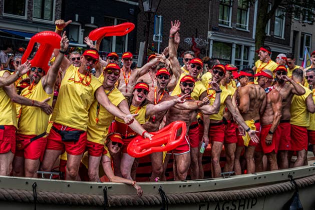 August 1, 2026, Amsterdam, North Holland, Netherlands: A group of Canal Parade participants dressed as lifeguards under the name Gaywatch. August 1, 2026, Amsterdam, the Netherlands. Hundreds of thousands of spectators joined the 30th edition of the Pride Canal Parade, the highlight of WorldPride Amsterdam 2026. This yearÃ¢â‚¬â ¢s parade also included the WorldPride Stadium grandstand, with seating for approximately 10,000 people to watch as floats pass. Amsterdam Netherlands - ZUMAp202 20260801_zip_p202_057 Copyright: xJamesxPetermeierx