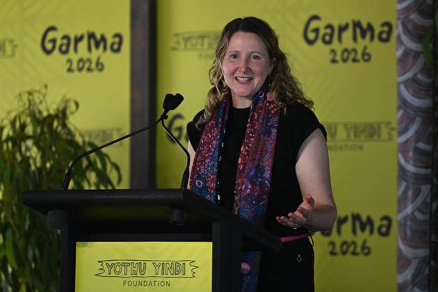 GARMA FESTIVAL, Elizabeth Peak, Head of the Office of the Pacific in the Department of Foreign Affairs and Trade speaks during the 26th annual Garma Festival in Gulkula, Northern Territory, Saturday, August 1, 2026. The Garma Festival takes place on the remote northeast Arnhem Land, celebrating Yolngu culture and customs in a four-day event hosted by the Yothu Yindi Foundation. ( NO ARCHIVING - VISUALS FROM THE YYF GARMA 26TH ANNIVERSARY ARE STRICTLY FOR NEWS AND CURRENT AFFAIRS COVERAGE ONLY. VISUALS MUST NOT BE USED FOR PROMOTIONAL, ADVERTISING, COMMERCIAL, FUNDRAISING OR ANY OTHER PURPOSE Gulkula Ceremonial Site Northern Territory Australia  Copyright: xJamesxRossx 20260802182901839266