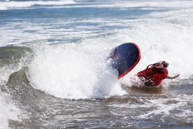 August 1, 2026, Pacifica, California, USA: Rocket the French bulldog wipes out during the 10th annual World Dog Surfing Championships at Linda Mar Beach in Pacifica, Calif. on Saturday, Aug. 1, 2026. Pacifica USA - ZUMAt176 20260801_zsp_t176_001 Copyright: xJacksonxTammariellox