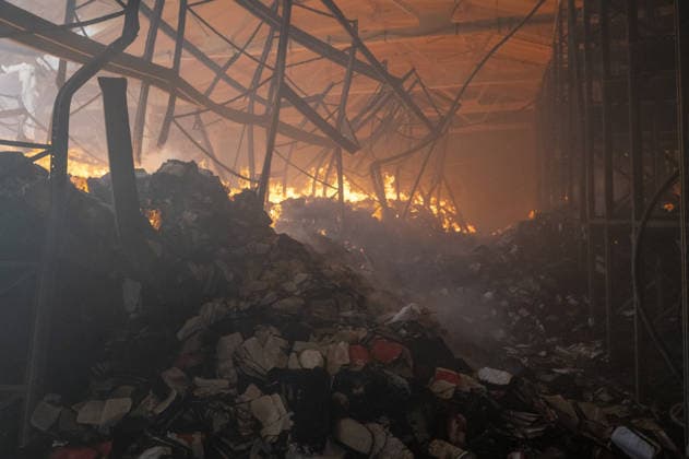 Russian drone strike hits book warehouse in Kharkiv KHARKIV, UKRAINE - AUGUST 1: A view of the fire as firefighters respond to area after two Russian attack drones struck a book warehouse destroying part of the building and sparking a fire that spread across 8,900 square meters in Kharkiv, Ukraine, on August 1, 2026. No casualties were reported, though one firefighter suffered heatstroke while battling the blaze. The warehouse belongs to Ukrainian publisher Ranok and also serves as the distribution center for the KnygoLand bookstore chain. Serhii Masin Anadolu Kharkiv Ukraine. Editorial use only. Please get in touch for any other usage.  Copyright: x2026xAnadoluxSerhiixMasinx