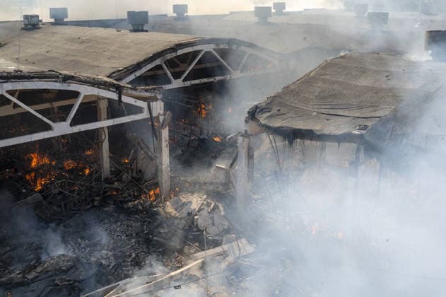 Russian drone strike hits book warehouse in Kharkiv KHARKIV, UKRAINE - AUGUST 1: A view of the fire as firefighters respond to area after two Russian attack drones struck a book warehouse destroying part of the building and sparking a fire that spread across 8,900 square meters in Kharkiv, Ukraine, on August 1, 2026. No casualties were reported, though one firefighter suffered heatstroke while battling the blaze. The warehouse belongs to Ukrainian publisher Ranok and also serves as the distribution center for the KnygoLand bookstore chain. Serhii Masin Anadolu Kharkiv Ukraine. Editorial use only. Please get in touch for any other usage.  Copyright: x2026xAnadoluxSerhiixMasinx
