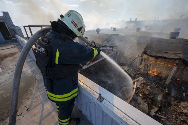 Russian drone strike hits book warehouse in Kharkiv KHARKIV, UKRAINE - AUGUST 1: Firefighters respond to area after two Russian attack drones struck a book warehouse destroying part of the building and sparking a fire that spread across 8,900 square meters in Kharkiv, Ukraine, on August 1, 2026. No casualties were reported, though one firefighter suffered heatstroke while battling the blaze. The warehouse belongs to Ukrainian publisher Ranok and also serves as the distribution center for the KnygoLand bookstore chain. Serhii Masin Anadolu Kharkiv Ukraine. Editorial use only. Please get in touch for any other usage.  Copyright: x2026xAnadoluxSerhiixMasinx