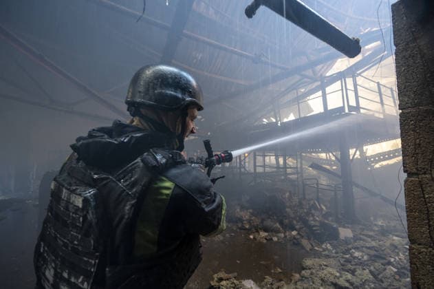 Russian drone strike hits book warehouse in Kharkiv KHARKIV, UKRAINE - AUGUST 1: Firefighters respond to area after two Russian attack drones struck a book warehouse destroying part of the building and sparking a fire that spread across 8,900 square meters in Kharkiv, Ukraine, on August 1, 2026. No casualties were reported, though one firefighter suffered heatstroke while battling the blaze. The warehouse belongs to Ukrainian publisher Ranok and also serves as the distribution center for the KnygoLand bookstore chain. Serhii Masin Anadolu Kharkiv Ukraine. Editorial use only. Please get in touch for any other usage.  Copyright: x2026xAnadoluxSerhiixMasinx