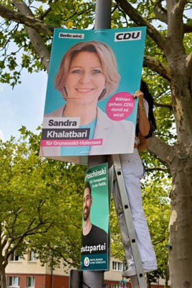 Berlin,02.08.2026,Wahlplakat der Partei CDU Sandra Khalatbari zur Wahl zum 20.Abgeordnetenhaus von Berlin am 20.09.2026.Frau Khalatbari ist vor Ort! *** Berlin, August 2, 2026—Election poster for CDU candidate Sandra Khalatbari in the election for the 20th Berlin House of Representatives on September 20, 2026. Ms. Khalatbari is on the ground.