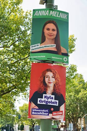 Berlin,02.08.2026,Wahlplakat der Partei Bündnis 90 die Grünen - Anna Melnik sowie die Linke Kyla Grigoleit- zur Wahl zum 20.Abgeordnetenhaus von Berlin am 20.09.2026. *** Berlin, August 2, 2026: Election poster featuring Anna Melnik of the Alliance 90 The Greens and Kyla Grigoleit of The Left for the election to the 20th Berlin House of Representatives on September 20, 2026