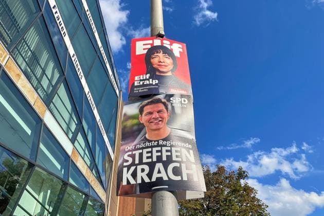 Berlin, Deutschland, 02.08.2026: Wahlplakate der Spitzenkandidaten Elif Eralp (Linke) und Steffen Krach (SPD) zu den Wahlen zum Abgeordnetenhaus von Berlin *** Berlin, Germany, August 2, 2026: Campaign posters of the leading candidates, Elif Eralp of The Left and Steffen Krach of the SPD, for the Berlin House of Representatives elections Copyright: xdtsxNachrichtenagenturx dts_129194