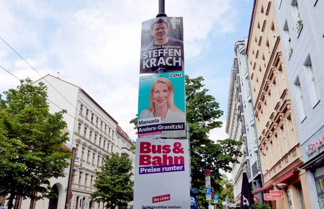 02.07.2026, Berlin - Deutschland. Wahlplakate zur Wahl in Berlin im September 2026. *** July 2, 2026, Berlin, Germany: Campaign posters for the September 2026 election in Berlin