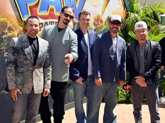 (L-R) Howie Dorough, Kevin Richardson, Nick Carter, AJ McLean and Brian Littrell of Backstreet Boys attend the global premiere of the computer animated animal adventure Paw Patrol: The Dino Movie at the Paramount Picture Studio lot in Los Angeles on Sunday, August 2, 2026. Storyline: The Paw Patrol lands on a mysterious dinosaur island after a storm, where they meet Rex, a stranded pup. When Humdinger s reckless mining triggers a volcano, the team faces their biggest rescue mission yet to save the island.  LAP2026080220 JIMxRUYMEN