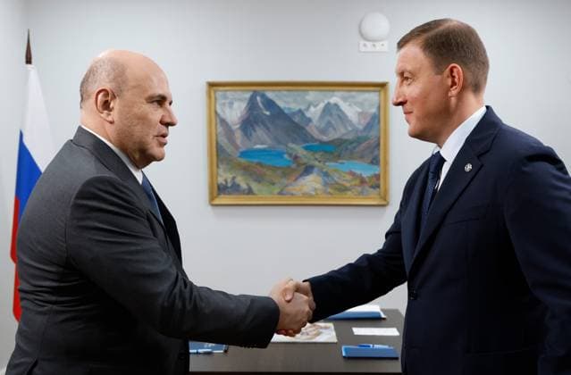 Russia Mishustin Siberian Federal District 9216390 03.08.2026 Russian Prime Minister Mikhail Mishustin meets with Head of the Republic of Altai Andrei Turchak in Gorno-Altaysk, Republic of Altai, Russia. Dmitry Astakhov Sputnik Gorno-Altaisk Russia  Copyright: xDmitryxAstakhovx