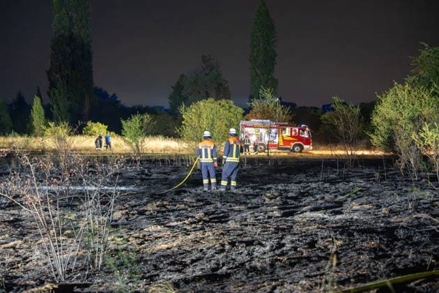 Großer Flächenbrand bedroht Wohngebiet Am 03.08.2026 gegen 02:00 Uhr brannten zwischen Seeheim-Jugenheim und Alsbach im Landkreis Darmstadt-Dieburg rund 28.000 Quadratmeter Feld und Gestrüpp entlang der L3100. Die Feuerwehr stoppte die Flammen etwa fünf Meter vor angrenzenden Wohnhäusern. Ein Anwohner erlitt beim eigenständigen Löschversuch eine Rauchgasvergiftung und wurde vom Rettungsdienst in ein Krankenhaus gebracht. Die Straßenbahnstrecke zwischen Alsbach und Seeheim-Jugenheim wurde gesperrt, ein Schienenersatzverkehr eingerichtet. Zur Brandbekämpfung kam eine Drohne mit Wärmebildkamera zum Aufspüren von Glutnestern zum Einsatz. Seeheim-Jugenheim Hessen Deutschland *** Large Wildfire Threatens Residential Area On August 3,