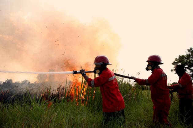 (260803) -- SOUTH SUMATRA, Aug. 3, 2026 -- This photo taken on Aug. 2, 2026 shows firefighters trying to extinguish a peatland fire in Ogan Ilir regency, South Sumatra province, Indonesia. Indonesia recorded more than 5,000 wildfire hotspots as of mid-July 2026, with the cumulative increase outpacing previous El Nino years, the Meteorology, Climatology and Geophysics Agency said Thursday. (Photo by Xinhua) INDONESIA-SOUTH SUMATRA-PEATLAND FIRE MuhamadxFadjri 