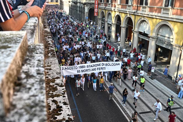 Bologna Massacre Remembrance Day Ceremony - Bologna Attendees gather for the 46th anniversary commemoration of the Bologna Massacre during Remembrance Day in Bologna, Italy on August 2, 2024, marking the 1974 bombing that killed 85 people and injured over 200, with survivors and relatives paying tribute to the victims. Photo by Gianni Schicchi IPA ABACAPRESS.COM Bologna  Copyright: xSchicchixGianni IPA ABACAx