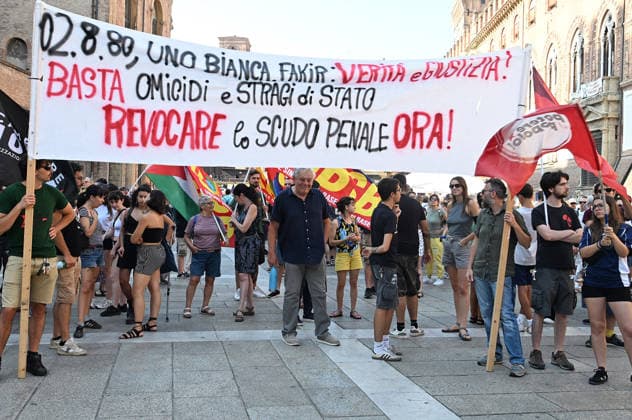August 2, 2026, Bologna, Italia, Italy: Some participants in the demonstration for the 46th anniversary of the Bologna massacre, Bologna, 02 08 2026 Bologna Italy  - ZUMAa289 20260802_zia_a289_045 Copyright: xAleandroxBiagiantix xAgfx