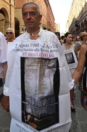 August 2, 2026, Bologna, Italia, Italy: Some participants in the demonstration for the 46th anniversary of the Bologna massacre, Bologna, 02 08 2026 Bologna Italy  - ZUMAa289 20260802_zia_a289_068 Copyright: xAleandroxBiagiantix xAgfx