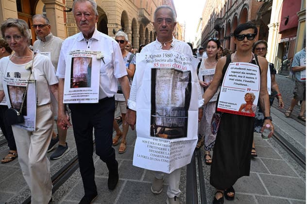 August 2, 2026, Bologna, Italia, Italy: Some participants in the demonstration for the 46th anniversary of the Bologna massacre, Bologna, 02 08 2026 Bologna Italy  - ZUMAa289 20260802_zia_a289_069 Copyright: xAleandroxBiagiantix xAgfx