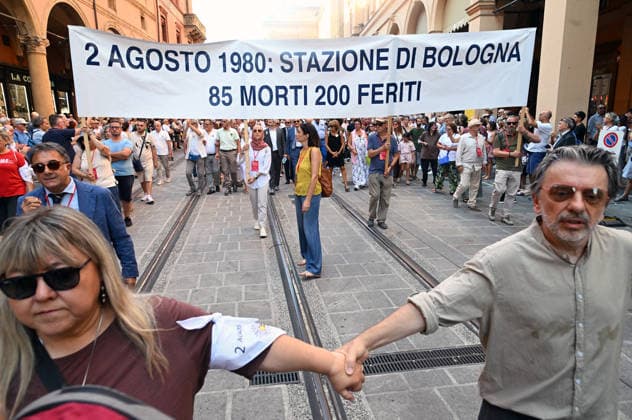 August 2, 2026, Bologna, Italia, Italy: Some participants in the demonstration for the 46th anniversary of the Bologna massacre, Bologna, 02 08 2026 Bologna Italy  - ZUMAa289 20260802_zia_a289_081 Copyright: xAleandroxBiagiantix xAgfx