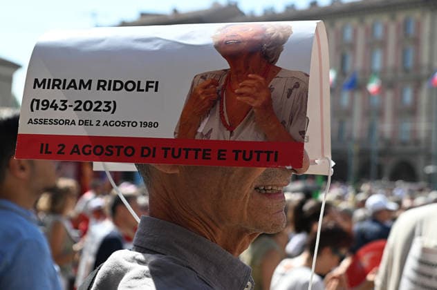 August 2, 2026, Bologna, Italia, Italy: Some participants in the demonstration for the 46th anniversary of the Bologna massacre, Bologna, 02 08 2026 Bologna Italy  - ZUMAa289 20260802_zia_a289_091 Copyright: xAleandroxBiagiantix xAgfx