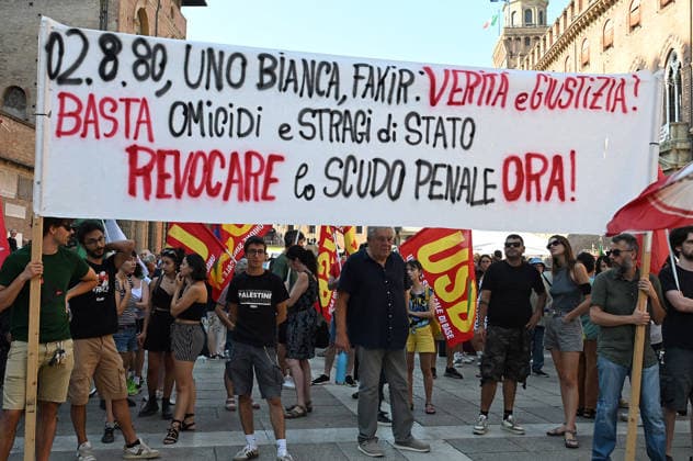 August 2, 2026, Bologna, Italia, Italy: Some participants in the demonstration for the 46th anniversary of the Bologna massacre, Bologna, 02 08 2026 Bologna Italy  - ZUMAa289 20260802_zia_a289_097 Copyright: xAleandroxBiagiantix xAgfx