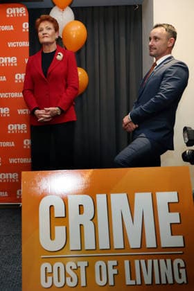 PAULINE HANSON MEET THE CANDIDATES, Pauline Hanson with state President, Warren Pickering at a venue in Hawthorn, to Meet One Nation Candidates at a function in Melbourne, Monday, August 3, 2026. ( NO ARCHIVING MELBOURNE VICTORIA AUSTRALIA  Copyright: xDAVIDxCROSLINGx 20260803126319900063