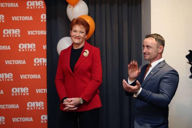 PAULINE HANSON MEET THE CANDIDATES, Pauline Hanson with state President, Warren Pickering at a venue in Hawthorn, to Meet One Nation Candidates at a function in Melbourne, Monday, August 3, 2026. ( NO ARCHIVING MELBOURNE VICTORIA AUSTRALIA  Copyright: xDAVIDxCROSLINGx 20260803191355754468