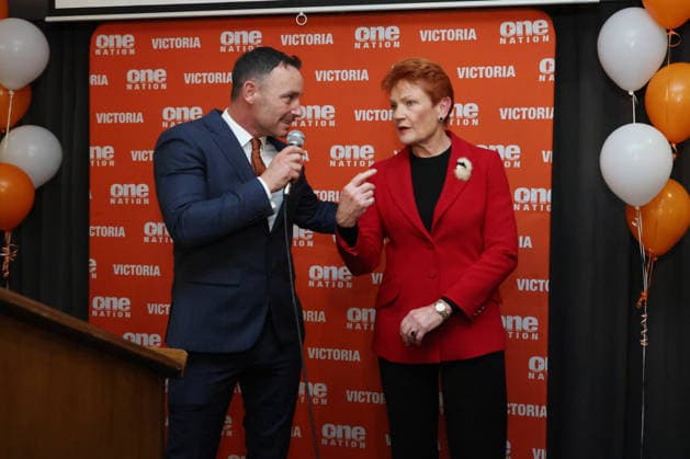 PAULINE HANSON MEET THE CANDIDATES, Pauline Hanson with state President, Warren Pickering at a venue in Hawthorn, to Meet One Nation Candidates at a function in Melbourne, Monday, August 3, 2026. ( NO ARCHIVING MELBOURNE VICTORIA AUSTRALIA  Copyright: xDAVIDxCROSLINGx 20260803134985063852