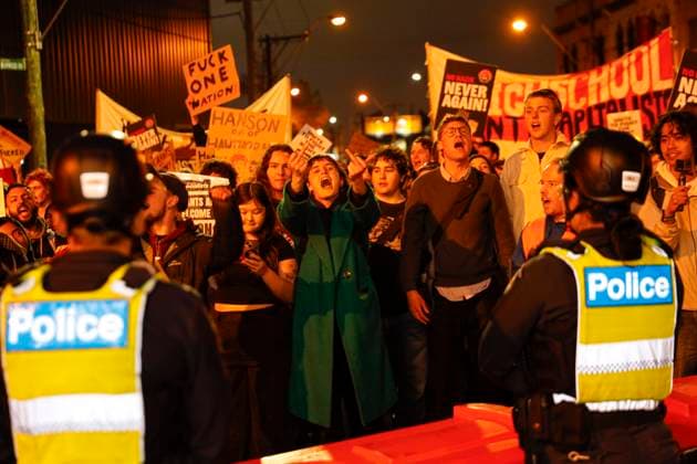 August 3, 2026, Melbourne, Victoria State, Australia: (EDITORS NOTE: Image contains profanity) A protester shouts slogans during the rally..Protesters gathered to demonstrate against the launch of One NationÃ¢â‚¬â ¢s Victorian state election campaign by party leader Pauline Hanson. The demonstration was organised in opposition to the partyÃ¢â‚¬â ¢s policies and political views as One Nation prepares to contest the upcoming Victorian state election. Melbourne Australia - ZUMAs197 20260803_aaa_s197_023 Copyright: xYexMyoxKhantx