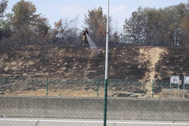 The scene of a brush fire along the E25 highway in Bastogne, on Monday 03 August 2026. A major brush fire broke out Monday morning in the municipality of Bastogne, near the Withimont highway rest area.  JULIENxWARNAND 182682020