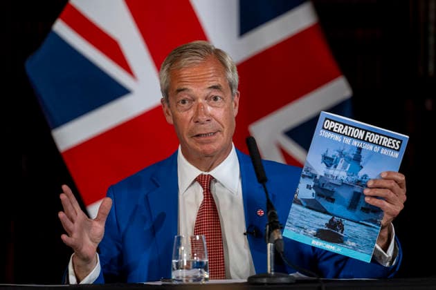August 3, 2026, London, London, UK: LONDON, UK. Nigel Farage, Leader of Reform UK, speaks at a press conference in Westminster unveiling Ã¢â‚¬ËœOperation Fortress - Stopping the Invasion of BritainÃ¢â‚¬â ¢, the partyÃ¢â‚¬â ¢s plan to stop illegal migrants crossing English Channel in small boats by using the Royal Navy and Royal Marines. London UK  - ZUMAl94_ 20260803_zaf_l94_061 Copyright: xStephenxChungx