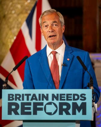 August 3, 2026, London, London, UK: LONDON, UK. Nigel Farage, Leader of Reform UK, speaks at a press conference in Westminster unveiling Ã¢â‚¬ËœOperation Fortress - Stopping the Invasion of BritainÃ¢â‚¬â ¢, the partyÃ¢â‚¬â ¢s plan to stop illegal migrants crossing English Channel in small boats by using the Royal Navy and Royal Marines. London UK  - ZUMAl94_ 20260803_zaf_l94_069 Copyright: xStephenxChungx