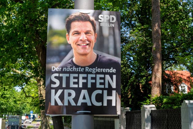 Berlin,03.08.2026,Wahlplakat der Partei SPD Steffen Krach zur Wahl zum 20.Abgeordnetenhaus von Berlin sowie zu den Bezirksverordnetenversammlungen am 20.09.2026. *** Berlin, August 3, 2026—Election poster for the SPD party’s candidate Steffen Krach for the election to the 20th Berlin House of Representatives and the district councils on September 20, 2026