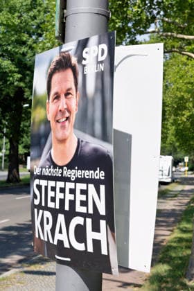 Berlin,03.08.2026,Wahlplakat der Partei SPD Steffen Krach zur Wahl zum 20.Abgeordnetenhaus von Berlin sowie zu den Bezirksverordnetenversammlungen am 20.09.2026. *** Berlin, August 3, 2026—Election poster for the SPD party’s candidate Steffen Krach for the election to the 20th Berlin House of Representatives and the district councils on September 20, 2026