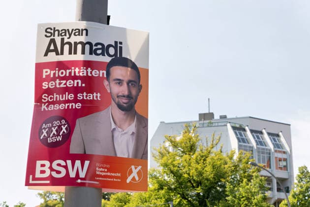 Berlin,03.08.2026,Wahlplakat der Partei BSW Shayan Ahmadi zur Wahl zum 20.Abgeordnetenhaus von Berlin sowie zu den Bezirksverordnetenversammlungen am 20.09.2026. *** Berlin, August 3, 2026—Election poster for the BSW Shayan Ahmadi party for the election to the 20th Berlin House of Representatives and the district councils on September 20, 2026
