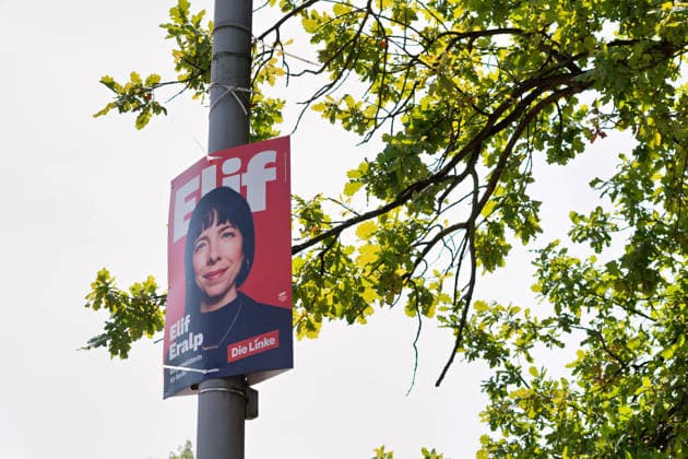 Berlin,03.08.2026,Wahlplakat der Partei die Linke Elif Eralp zur Wahl zum 20.Abgeordnetenhaus von Berlin sowie zu den Bezirksverordnetenversammlungen am 20.09.2026. *** Berlin, August 3, 2026—Election poster for Elif Eralp of the Left Party for the election to the 20th Berlin House of Representatives and the district councils on September 20, 2026