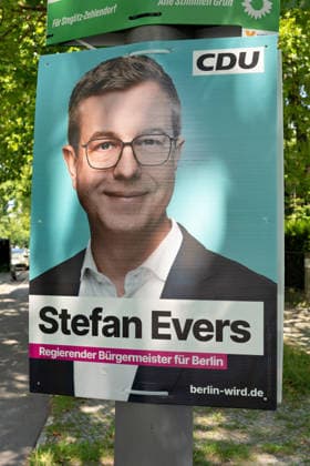 Berlin,03.08.2026,Wahlplakat der Partei CDU Stefan Evers zur Wahl zum 20.Abgeordnetenhaus von Berlin sowie zu den Bezirksverordnetenversammlungen am 20.09.2026. *** Berlin, August 3, 2026—Election poster for Stefan Evers of the CDU party for the election to the 20th Berlin House of Representatives and the district councils on September 20, 2026