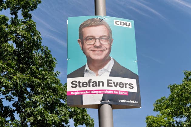 Berlin,03.08.2026,Wahlplakat der Partei CDU Stefan Evers zur Wahl zum 20.Abgeordnetenhaus von Berlin sowie zu den Bezirksverordnetenversammlungen am 20.09.2026. *** Berlin, August 3, 2026—Election poster for Stefan Evers of the CDU party for the election to the 20th Berlin House of Representatives and the district councils on September 20, 2026