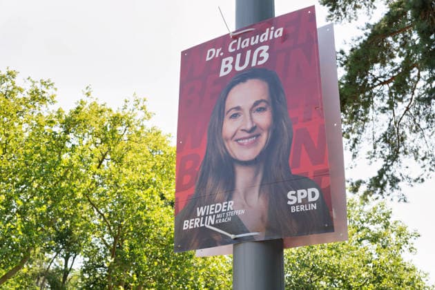 Berlin,03.08.2026,Wahlplakat der Partei SPD Claudia Buß zur Wahl zum 20.Abgeordnetenhaus von Berlin sowie zu den Bezirksverordnetenversammlungen am 20.09.2026. *** Berlin, August 3, 2026—Election poster for SPD candidate Claudia Buß in the election for the 20th Berlin House of Representatives and the district councils on September 20, 2026