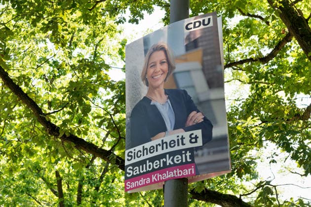 Berlin,03.08.2026,Wahlplakat der Partei CDU Sandra Khalatbari zur Wahl zum 20.Abgeordnetenhaus von Berlin sowie zu den Bezirksverordnetenversammlungen am 20.09.2026. *** Berlin, August 3, 2026—Election poster for CDU candidate Sandra Khalatbari for the election to the 20th Berlin House of Representatives and the district councils on September 20, 2026