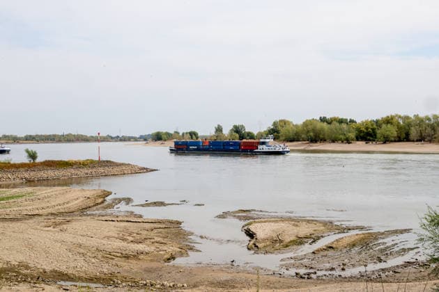 Niedriger Rheinpegel am Pegel Rees Für den 03.08.2026 wurde durch die Wasserstraßen- und Schifffahrtsverwaltung des Bundes ein Pegelstand von 32 cm veröffentlicht. Für die Binnenschifffahrt stellt der niedrige Pegel ein Problem dar. Sinkt er zu weit ab, dürfen Schiffe nicht mehr voll Rees, Nordrhein-Westfalen, DEU, Deutschland, 03.08.2026 *** Low Rhine Water Level at the Rees Gauge Station: The Federal Waterways and Shipping Administration published a water level of 32 cm for August 3, 2026. The low water level poses a problem for inland waterway shipping. If it drops too low, vessels will no longer be allowed to carry a full load. Rees, North Rhine-Westphalia, DEU, Germany, August 3, 2026